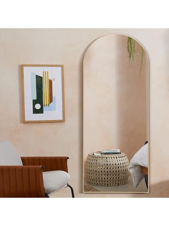 65"x22" Arched Full Length Mirror Large Arched Mirror Floor Mirror with Stand Large Bedroom Mirror Modern Arched Shape Wall Mounted Mirror Hanging or Leaning Against Wall, Wood Frame, Gold