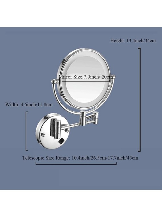 Wall Mounted Makeup Mirror with Lights, Bathroom Mirrors for Vanity 8 Inch, Cosmetic Mirror 360 Rotation Extendable Double Sided LED Lighted Shaving Mirrors (Nickel Wire Drawing USB Charging 5X)