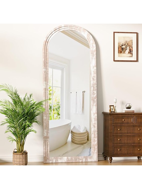 Floor Mirror, 66"×24" Wood Arched Full Length Mirror Wooden Arched Mirror with Stand, Large Arched Wall Mirror, Oversized Arched Mirror Full Length, Wall Mounted Mirror Full Length, White