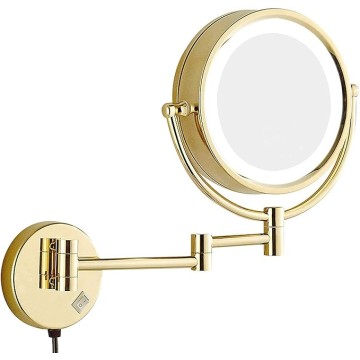 Wall Mirror, Wall Mounted Makeup Mirror 8.5 Inches LED with 10X Magnification, Double Sided 360° Swivel Vanity Mirror Lighted Bathroom Cosmetic Mirror Extension, Plug Powered Gold Finish