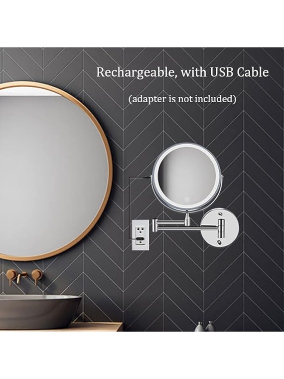 8'' Bathroom Mirror Wall Mounted LED Makeup Mirror 3 Color Mode USB Charge Touch Screen Adjustable Light Double Sided 1X/ Magnifying Shaving Mirror Extendable 360° Swivel Vanity Mirror