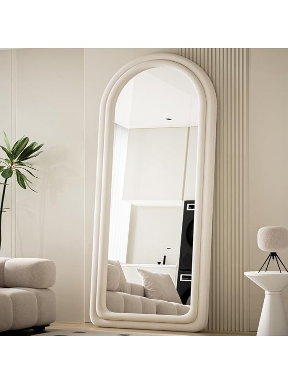 71"x32" Arched Mirror Full Length, Full Body Freely Standing Mirror, Flannel Floor Mirror with Stand for Bedroom, Living Room, Hanging or Against The Wall, White