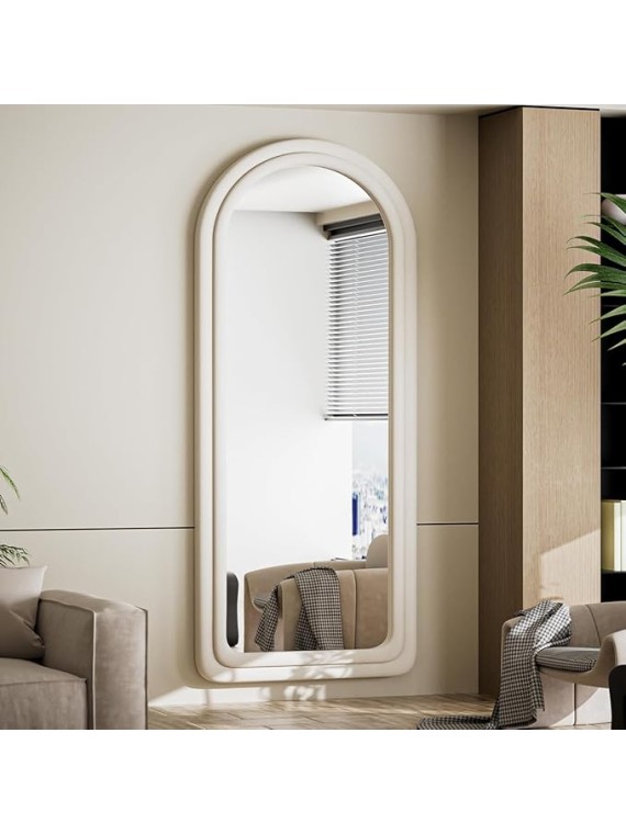 71"x32" Arched Mirror Full Length, Full Body Freely Standing Mirror, Flannel Floor Mirror with Stand for Bedroom, Living Room, Hanging or Against The Wall, White