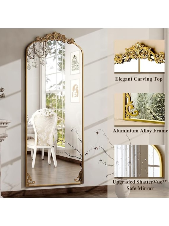 64"x 21" Vintage Full Length Mirror Large Carved Arched Mirror with Metal Frame Baroque Full Body Mirror for Bathroom/Living Room/Entryway,Gold