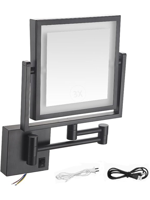 8 inch Makeup Mirror with Led Lights and Magnification , Square Double Sided Lighted Cosmetic Mirror Wall Mounted Bathroom Mirrors, 3X Magnifying Shaving Light up Mirror 360°Swivel, Charging,Black